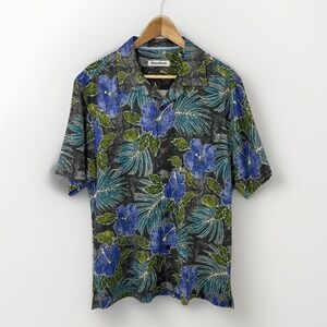 Tommy Bahama Silk Hawaiian Shirt Mens M Blue Floral Camp Buttons Resort Beach